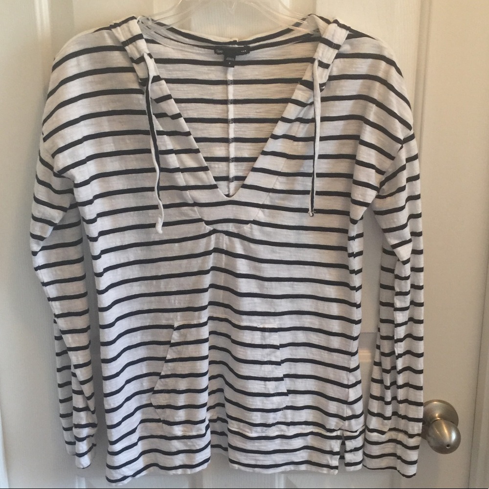 Gap White & Navy Striped Hooded Shirt Sz S